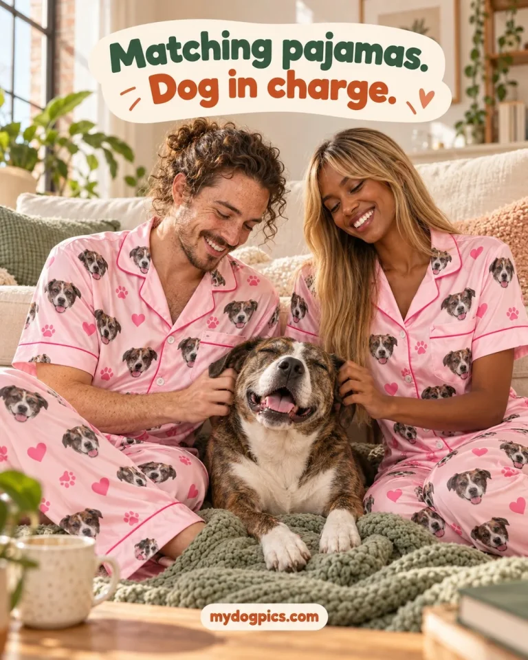 Couple in matching pink pajamas cuddling their dog, new years eve pajamas for a night in, MyDogPics