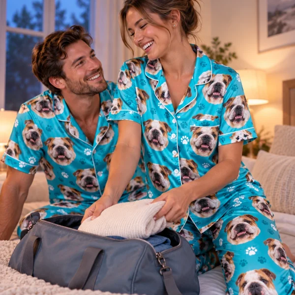 Woman and her partner in matching pajamas with bulldogs on them with white-and-fawn English Bulldog faces — MyDogPics