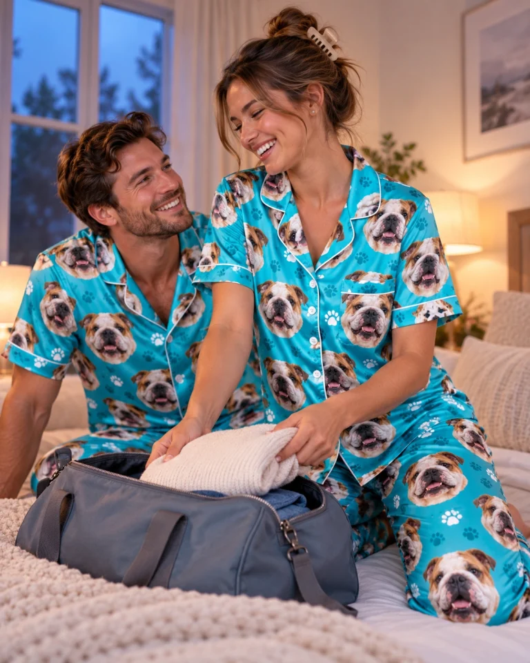 Woman and her partner in matching pajamas with bulldogs on them with white-and-fawn English Bulldog faces — MyDogPics