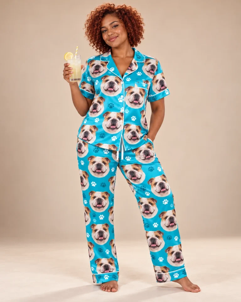 Woman wearing pajamas with bulldogs on them covered in white-and-fawn English Bulldog faces — MyDogPics