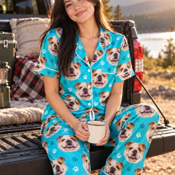 Woman sitting in pajamas with bulldogs on them covered in white-and-fawn English Bulldog faces — MyDogPics