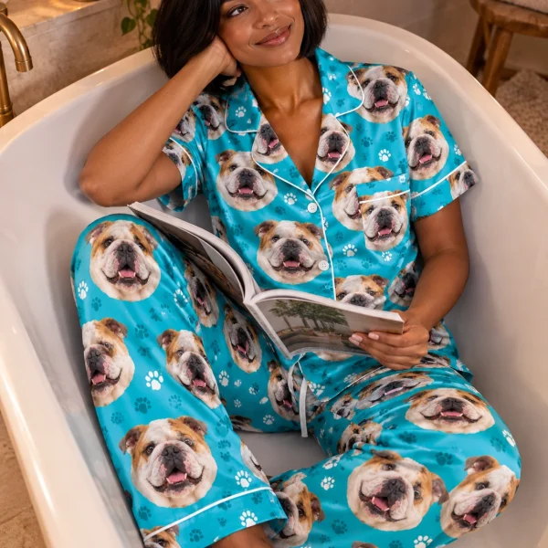 Woman sitting in pajamas with bulldogs on them covered in white-and-fawn English Bulldog faces — MyDogPics