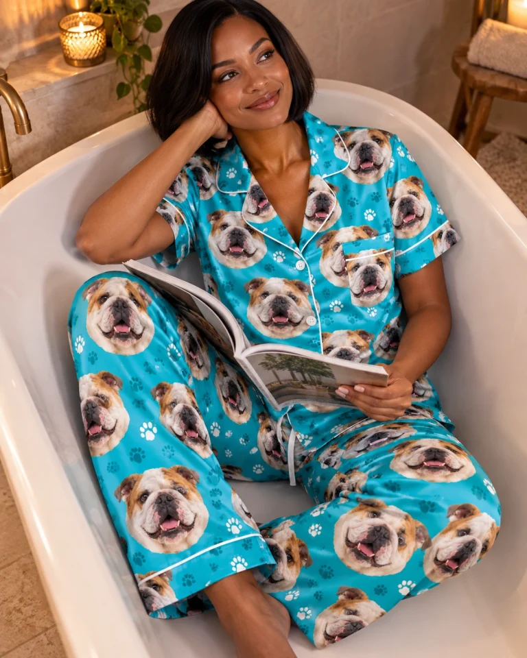 Woman sitting in pajamas with bulldogs on them covered in white-and-fawn English Bulldog faces — MyDogPics