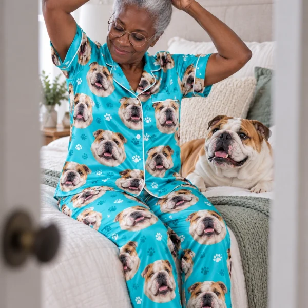 Woman in pajamas with bulldogs on them with her Bulldog — MyDogPics