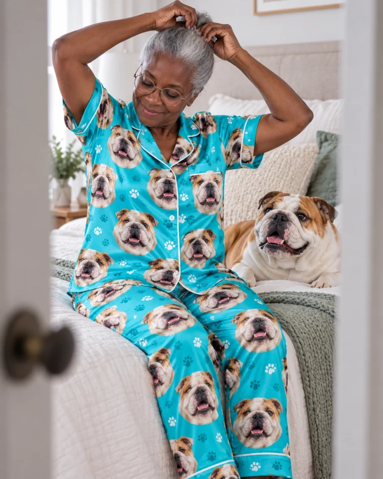 Woman in pajamas with bulldogs on them with her Bulldog — MyDogPics