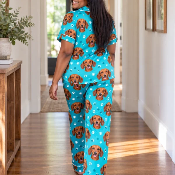Back view of a pajamas with dachshunds: the print continues all the way round — MyDogPics