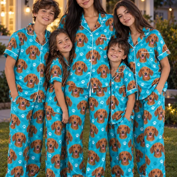 Woman and her family in matching pajamas with dachshunds with red smooth-coated Dachshund faces — MyDogPics