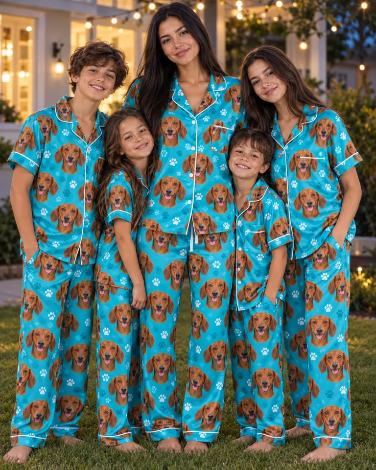 Woman and her family in matching pajamas with dachshunds with red smooth-coated Dachshund faces — MyDogPics