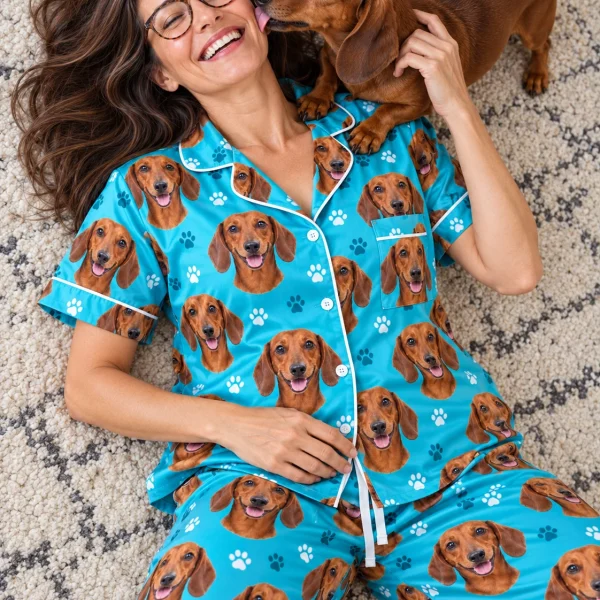 Woman in a pajamas with dachshunds with her Dachshund — MyDogPics