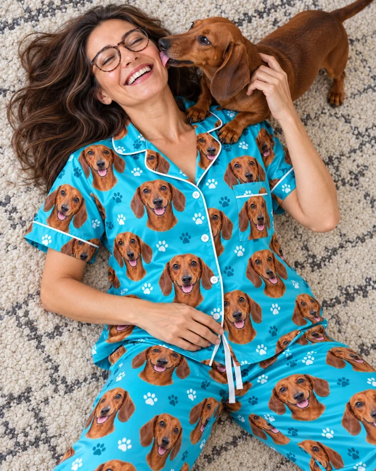 Woman in a pajamas with dachshunds with her Dachshund — MyDogPics