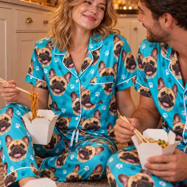 Woman and her partner in matching pajamas with French bulldogs with fawn French Bulldog faces — MyDogPics