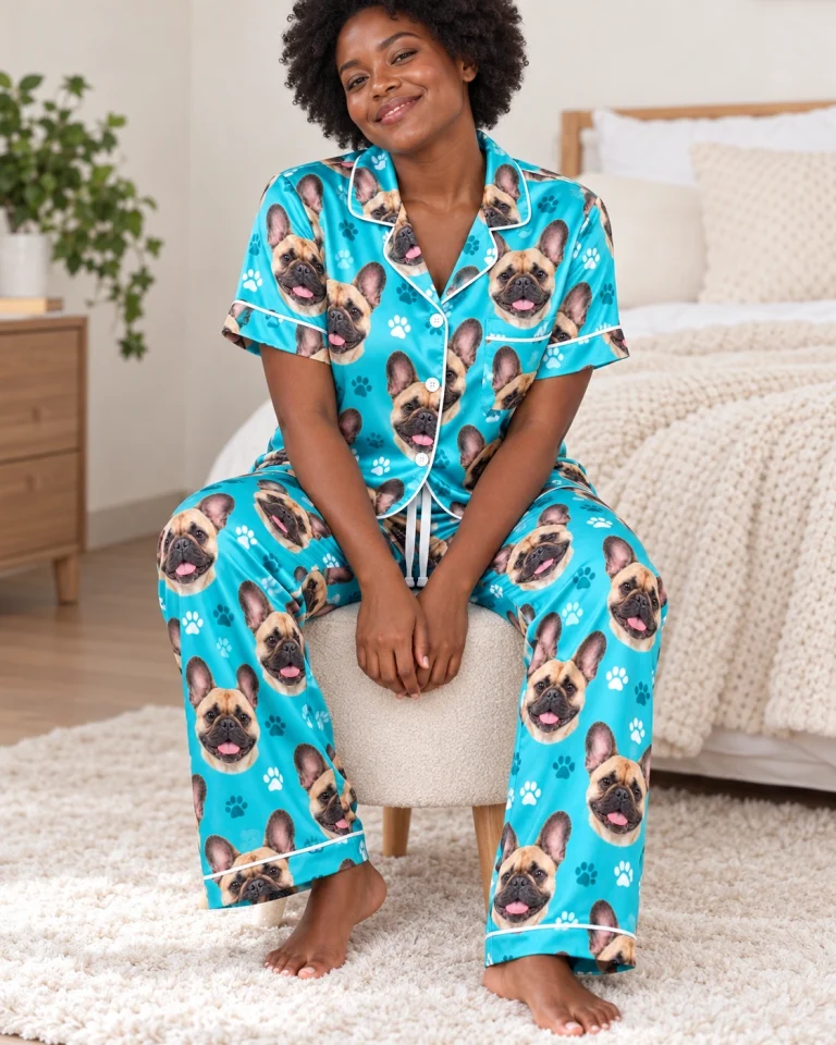 Woman sitting in a pajamas with French bulldogs covered in fawn French Bulldog faces — MyDogPics