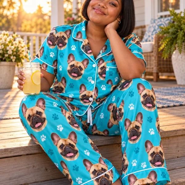 Woman sitting in a pajamas with French bulldogs covered in fawn French Bulldog faces — MyDogPics