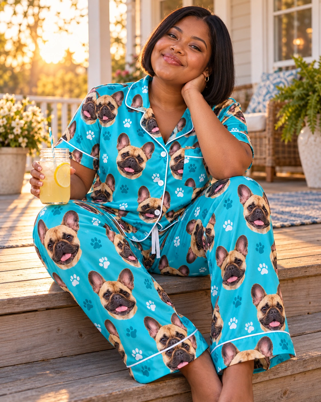 Pajamas with French Bulldogs – Sitting, Teal Paw-Print | MyDogPics Woman sitting in a pajamas with French bulldogs covered in fawn French Bulldog faces — MyDogPics