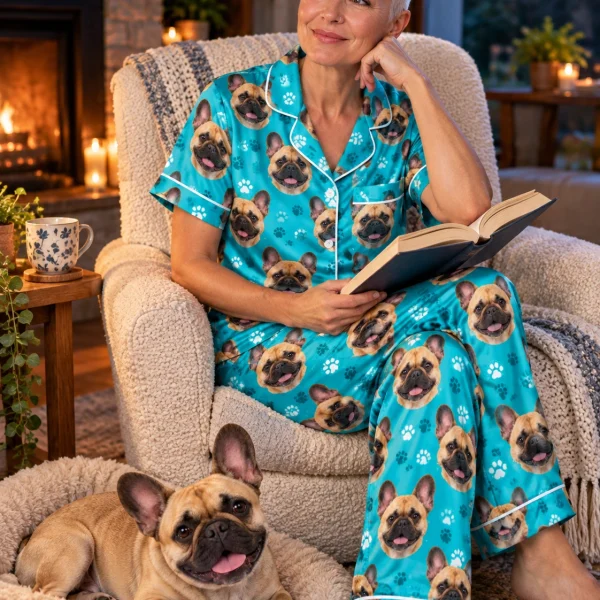Woman in a pajamas with French bulldogs with her French Bulldog — MyDogPics
