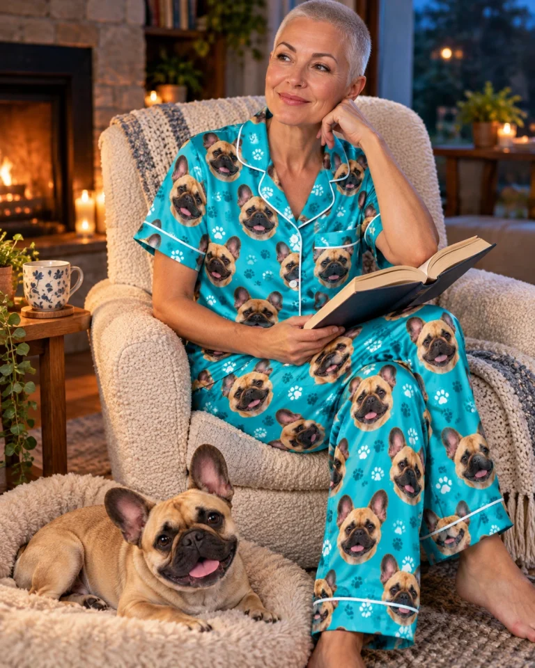 Woman in a pajamas with French bulldogs with her French Bulldog — MyDogPics