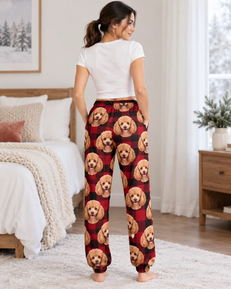 Back view of poodle Christmas pajama pants: the print continues all the way round — MyDogPics