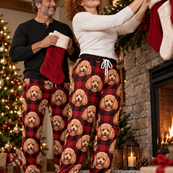 Woman and her partner in matching poodle Christmas pajama pants with apricot Poodle faces on red plaid fabric — MyDogPics