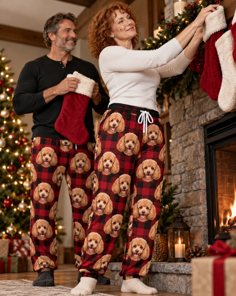 Woman and her partner in matching poodle Christmas pajama pants with apricot Poodle faces on red plaid fabric — MyDogPics