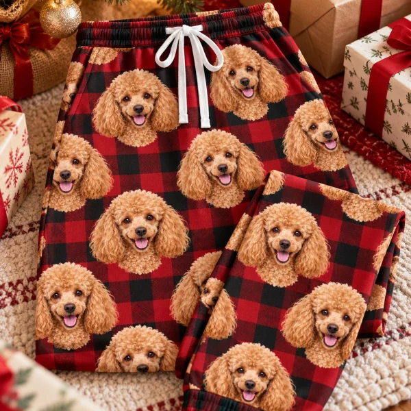 Flat lay of poodle Christmas pajama pants: pants covered in apricot Poodle faces — MyDogPics
