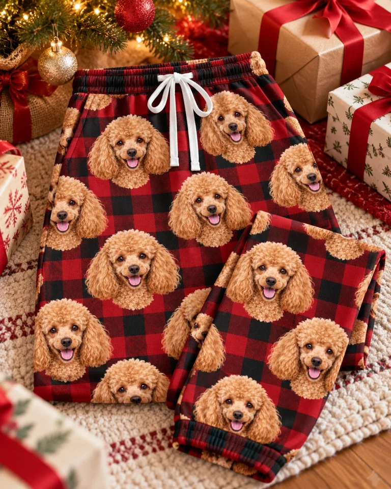 Flat lay of poodle Christmas pajama pants: pants covered in apricot Poodle faces — MyDogPics