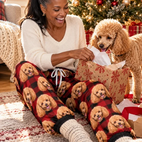 Woman in poodle Christmas pajama pants with her Poodle — MyDogPics