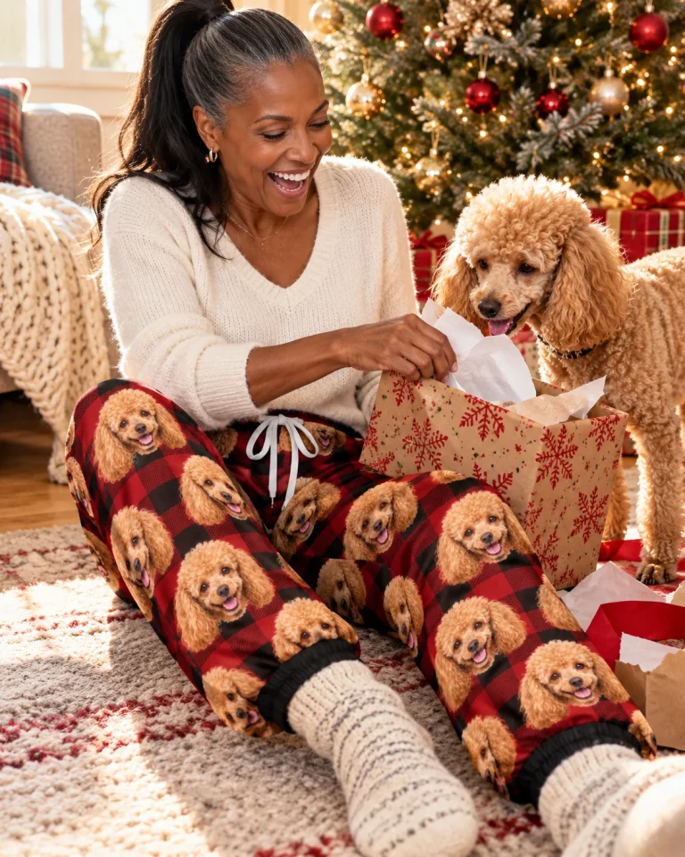 Woman in poodle Christmas pajama pants with her Poodle — MyDogPics