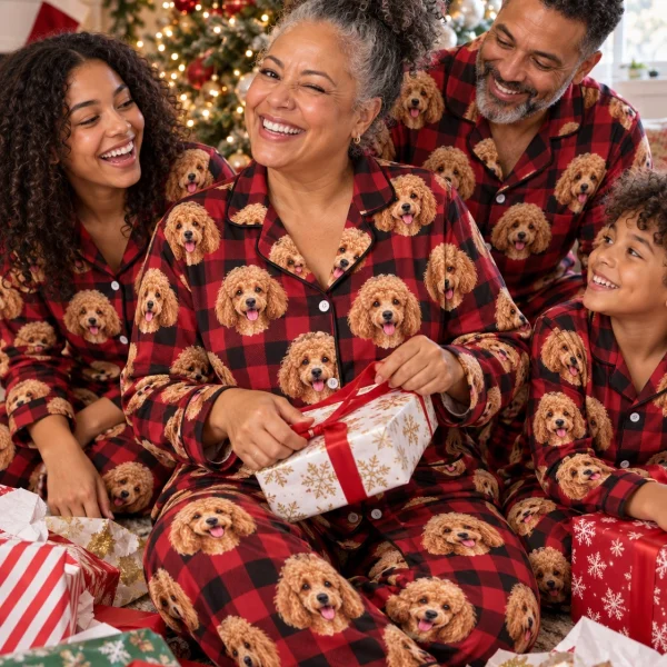Woman and her family in matching poodle Christmas pajamas with apricot Poodle faces on red plaid fabric — MyDogPics