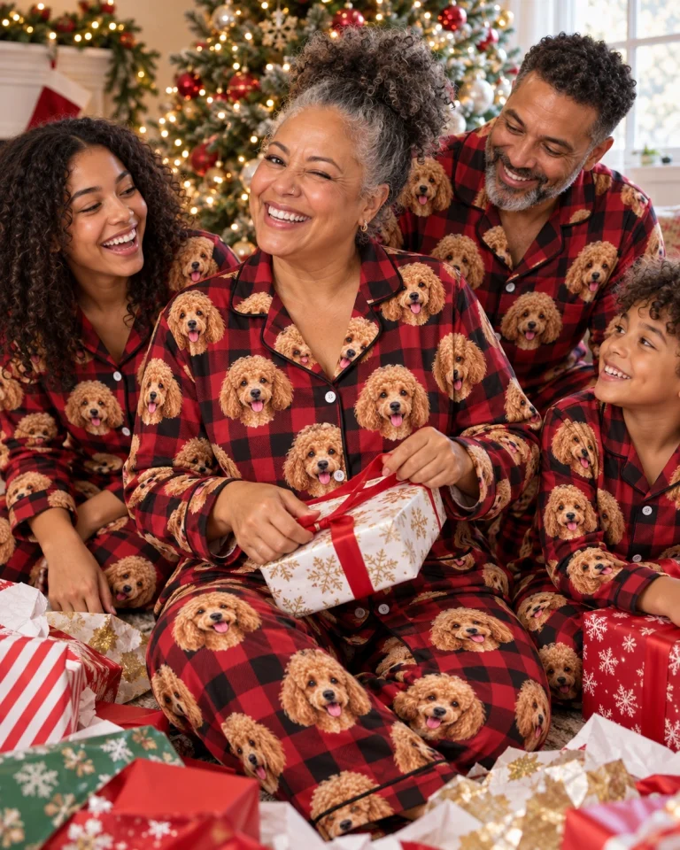 Woman and her family in matching poodle Christmas pajamas with apricot Poodle faces on red plaid fabric — MyDogPics