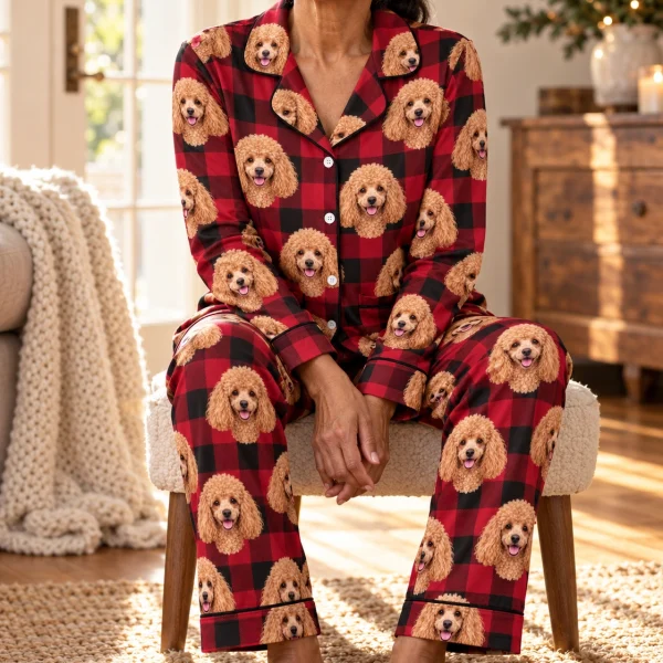 Woman sitting in poodle Christmas pajamas covered in apricot Poodle faces — MyDogPics