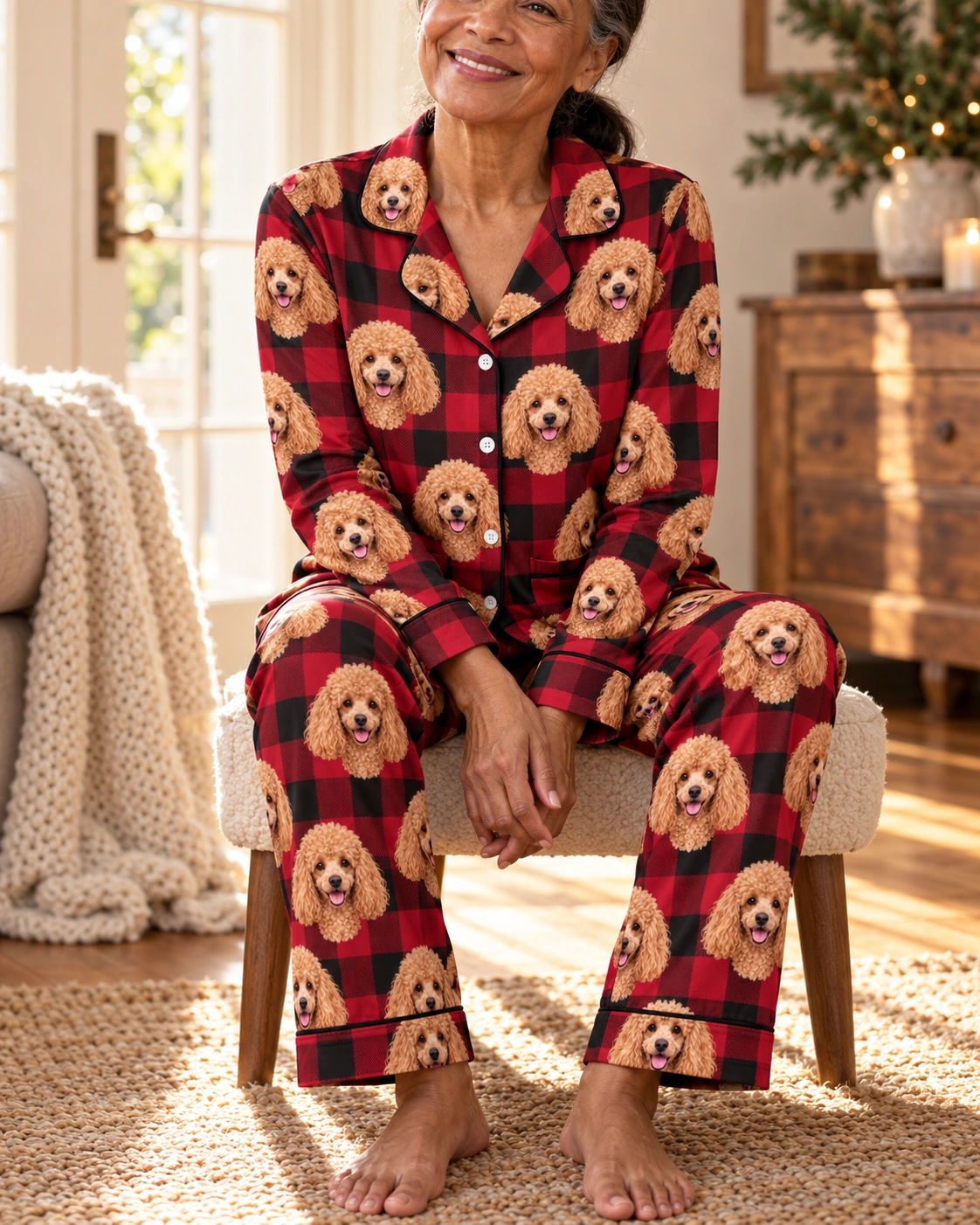 Poodle Christmas Pajamas – Sitting, Red Plaid | MyDogPics Woman sitting in poodle Christmas pajamas covered in apricot Poodle faces — MyDogPics