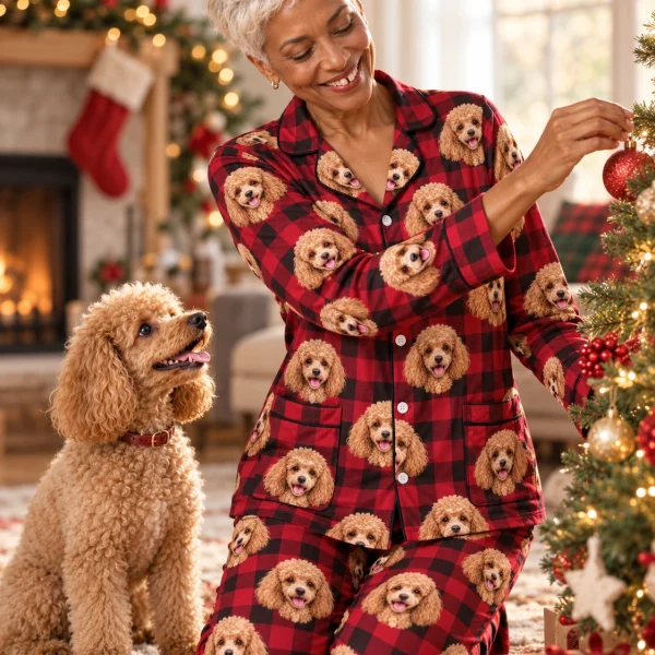 Woman in poodle Christmas pajamas with her Poodle — MyDogPics