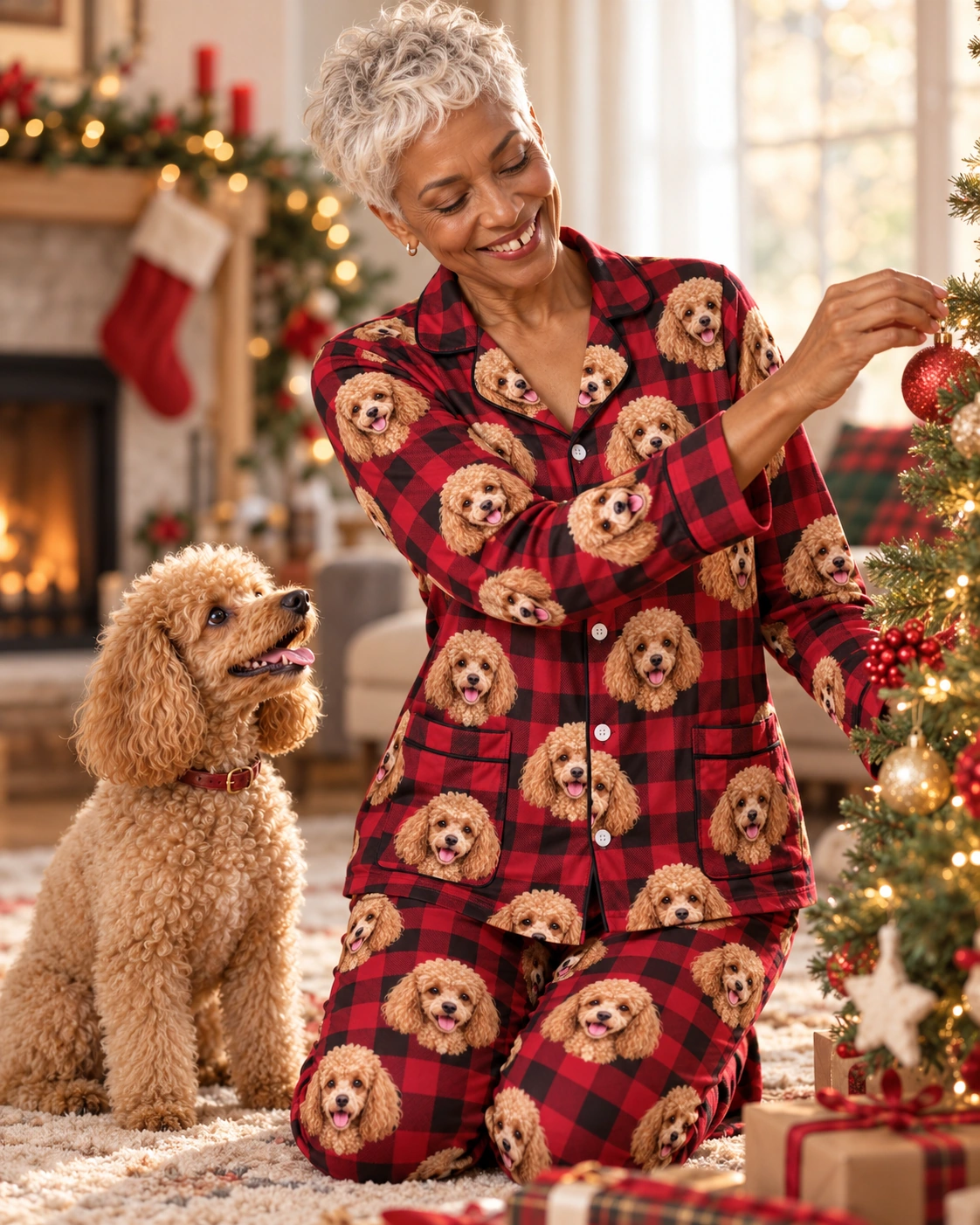 Poodle Christmas Pajamas – With Dog, Red Plaid | MyDogPics Woman in poodle Christmas pajamas with her Poodle — MyDogPics
