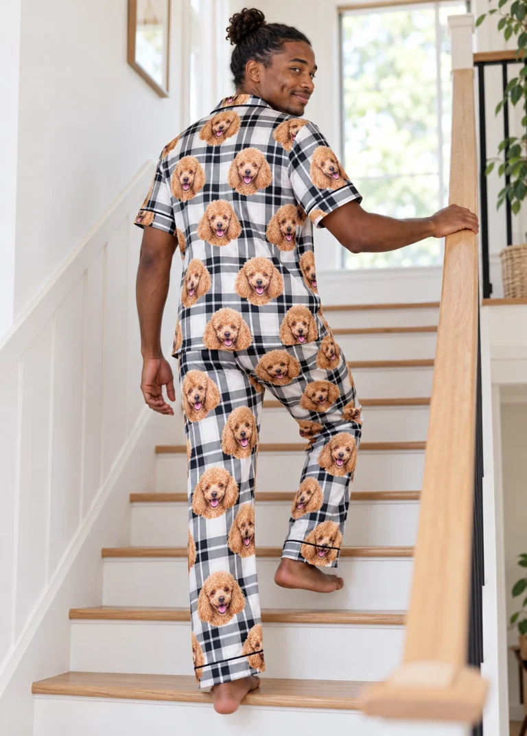 Back view of poodle dad pajamas: the print continues all the way round — MyDogPics