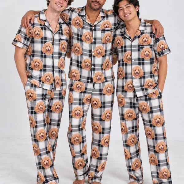 Man and his friends in matching poodle dad pajamas with apricot Poodle faces on white plaid satin — MyDogPics