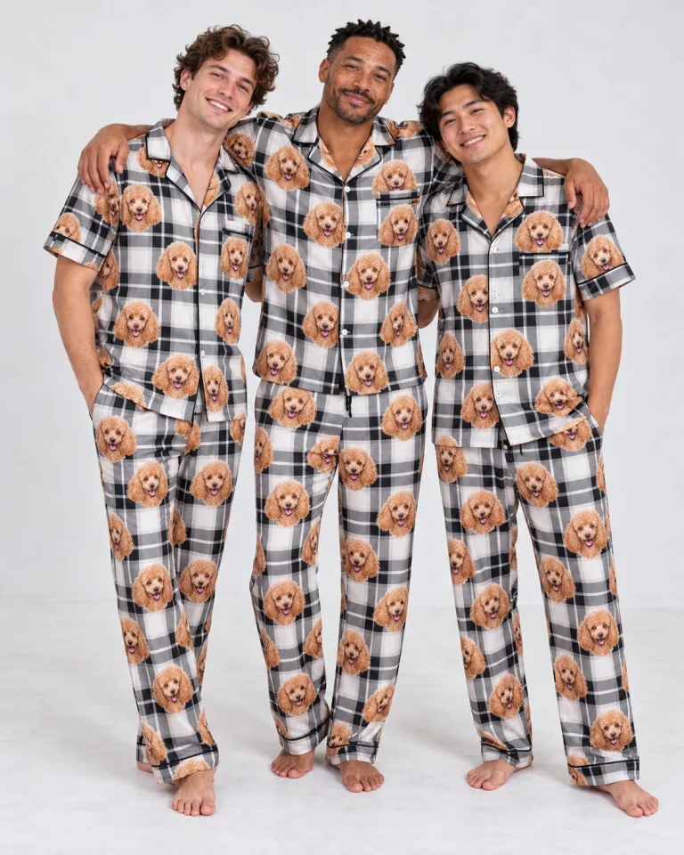 Man and his friends in matching poodle dad pajamas with apricot Poodle faces on white plaid satin — MyDogPics