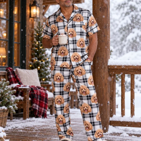 Man posing in poodle dad pajamas, apricot Poodle faces on white plaid satin — MyDogPics