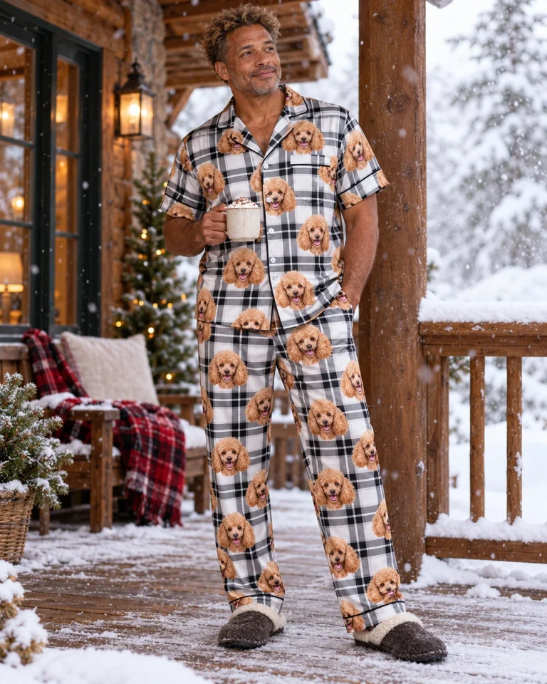 Man posing in poodle dad pajamas, apricot Poodle faces on white plaid satin — MyDogPics
