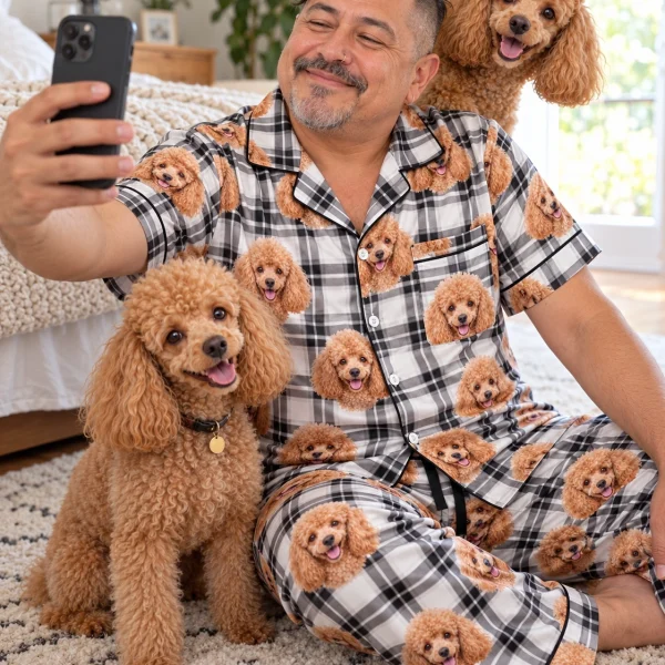 Man in poodle dad pajamas with his Poodle — MyDogPics
