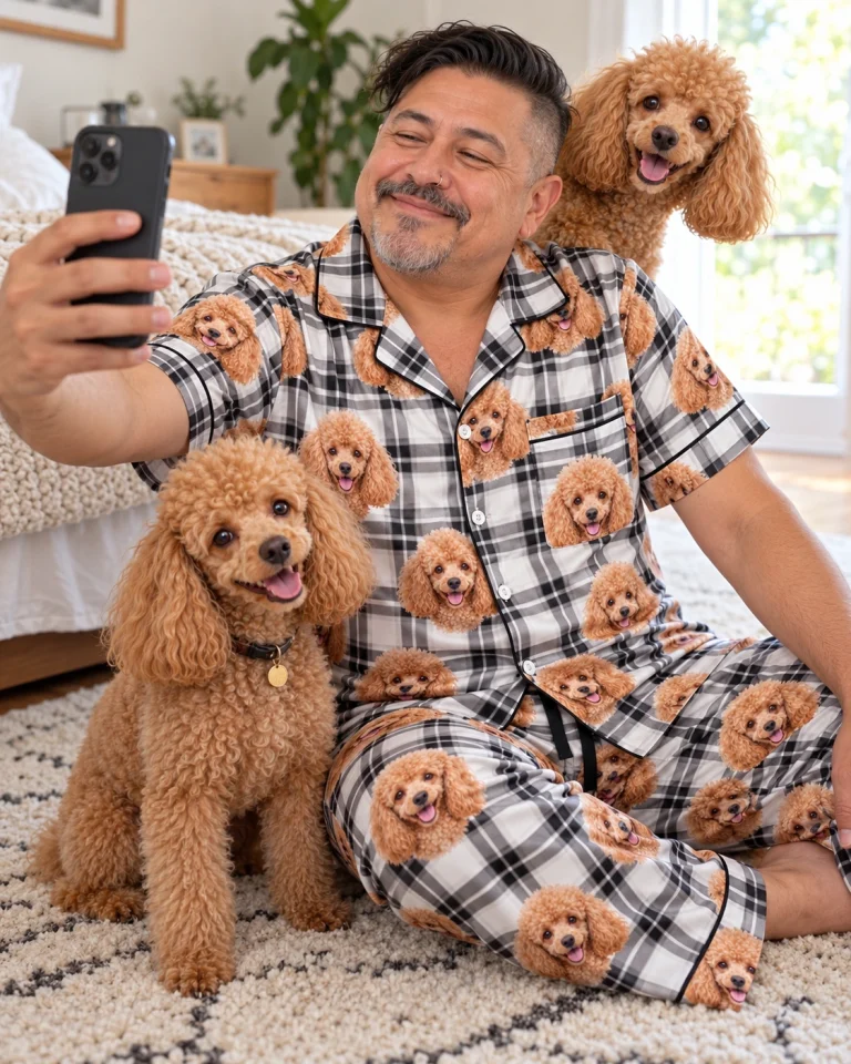 Man in poodle dad pajamas with his Poodle — MyDogPics
