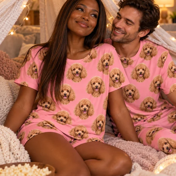 Woman and her partner in matching poodle lounge set with apricot Poodle faces on pink fabric — MyDogPics