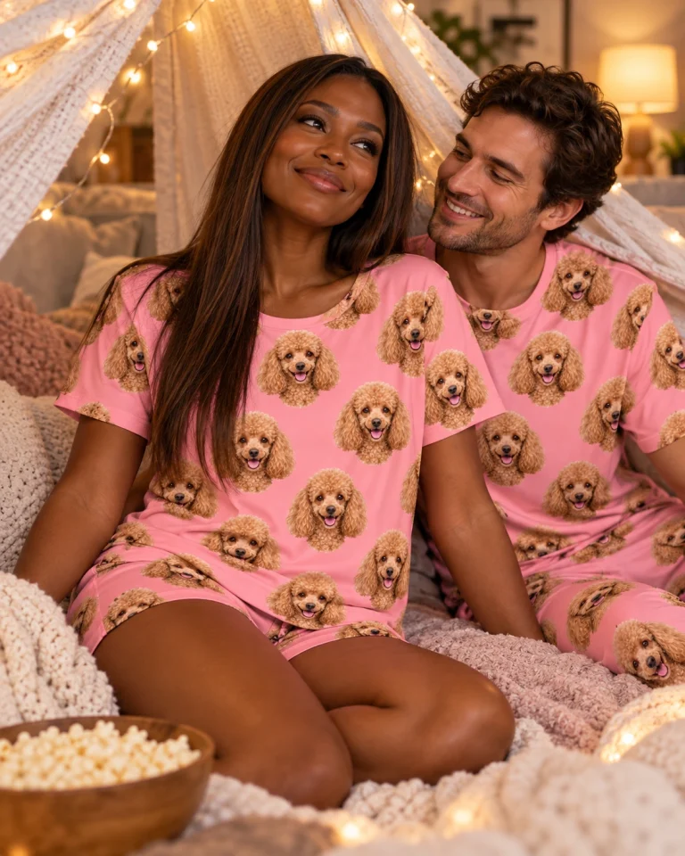 Woman and her partner in matching poodle lounge set with apricot Poodle faces on pink fabric — MyDogPics