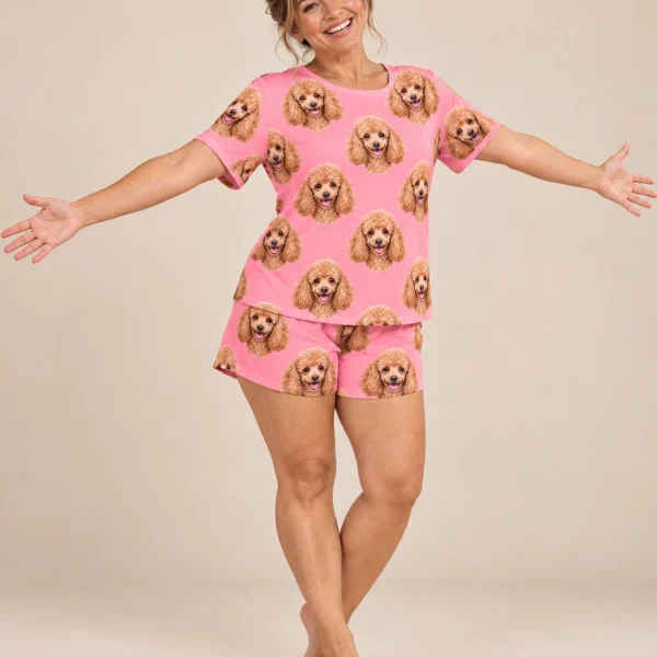 Woman posing in a poodle lounge set, apricot Poodle faces on pink fabric — MyDogPics