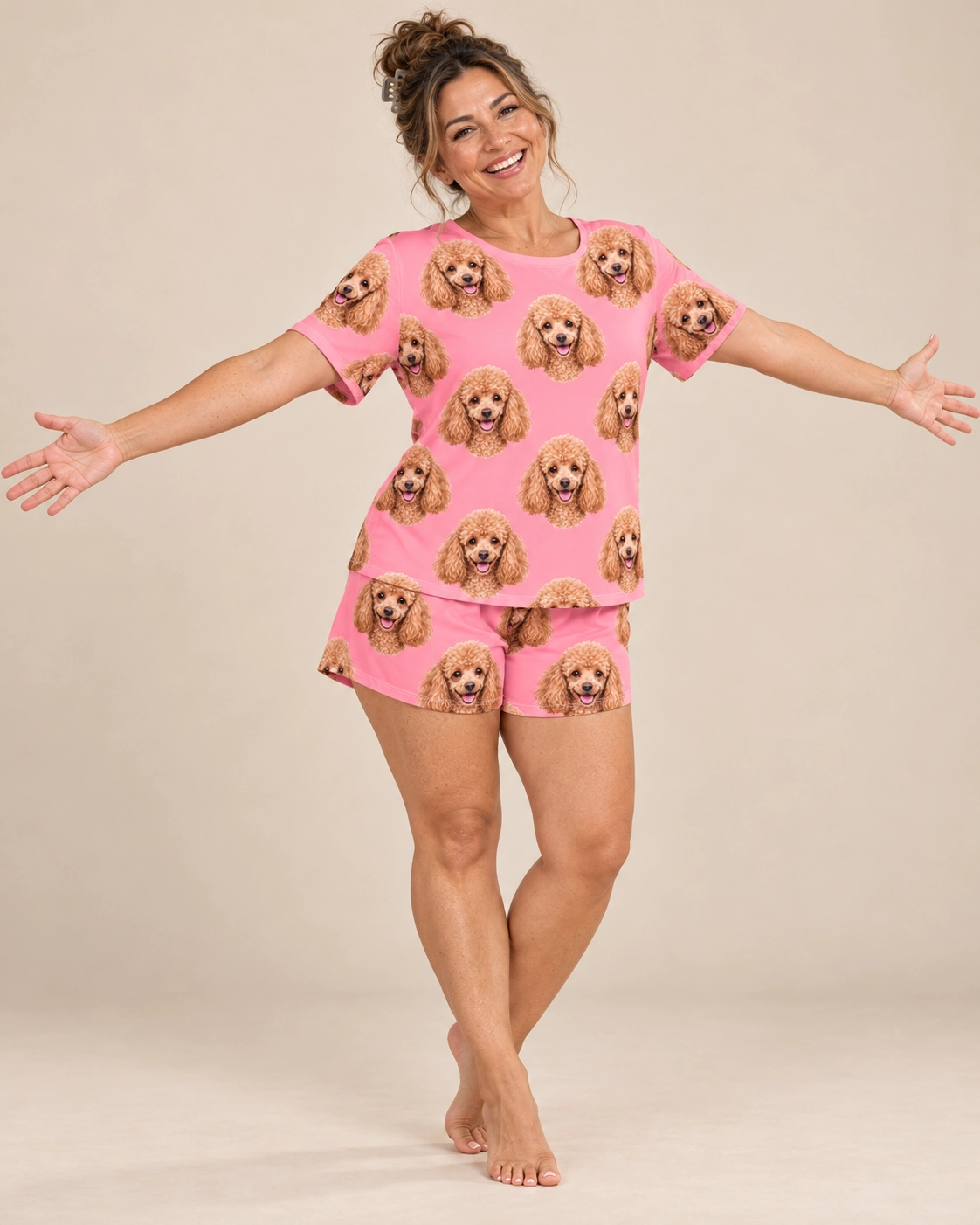 Poodle Lounge Set – Pose, Pink | MyDogPics Woman posing in a poodle lounge set, apricot Poodle faces on pink fabric — MyDogPics