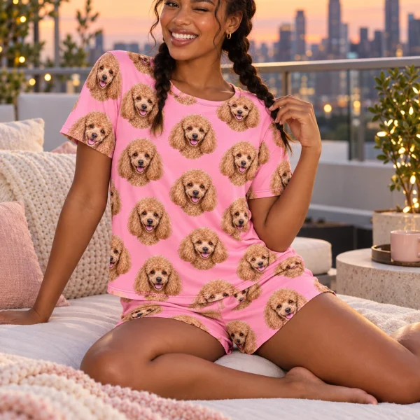 Woman sitting in a poodle lounge set covered in apricot Poodle faces — MyDogPics