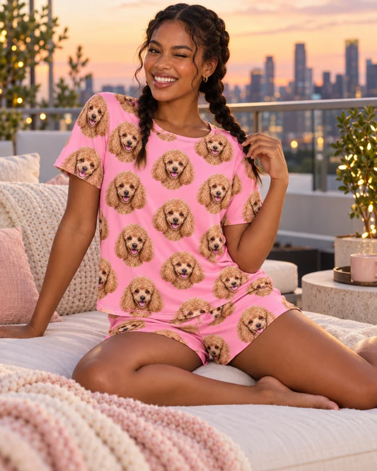 Woman sitting in a poodle lounge set covered in apricot Poodle faces — MyDogPics