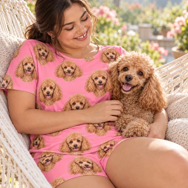 Woman in a poodle lounge set with her Poodle — MyDogPics