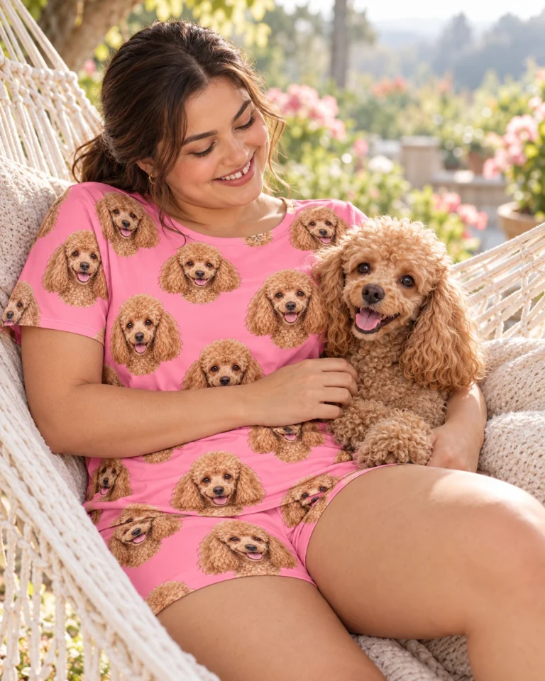 Woman in a poodle lounge set with her Poodle — MyDogPics