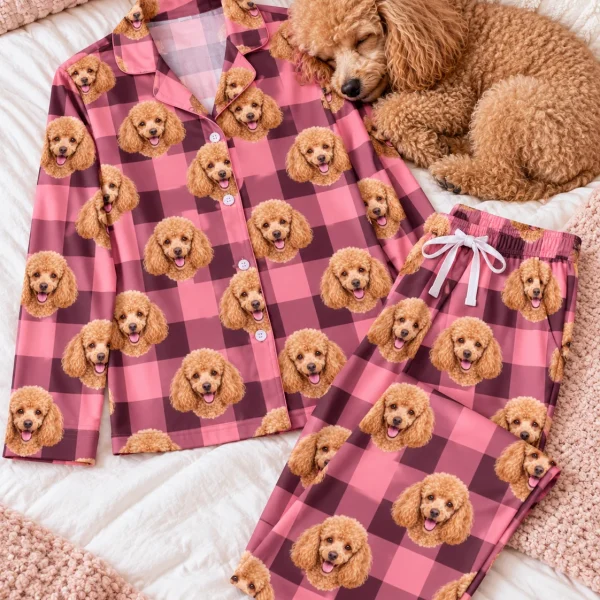 Flat lay of poodle mom pajamas: shirt and pants covered in apricot Poodle faces — MyDogPics