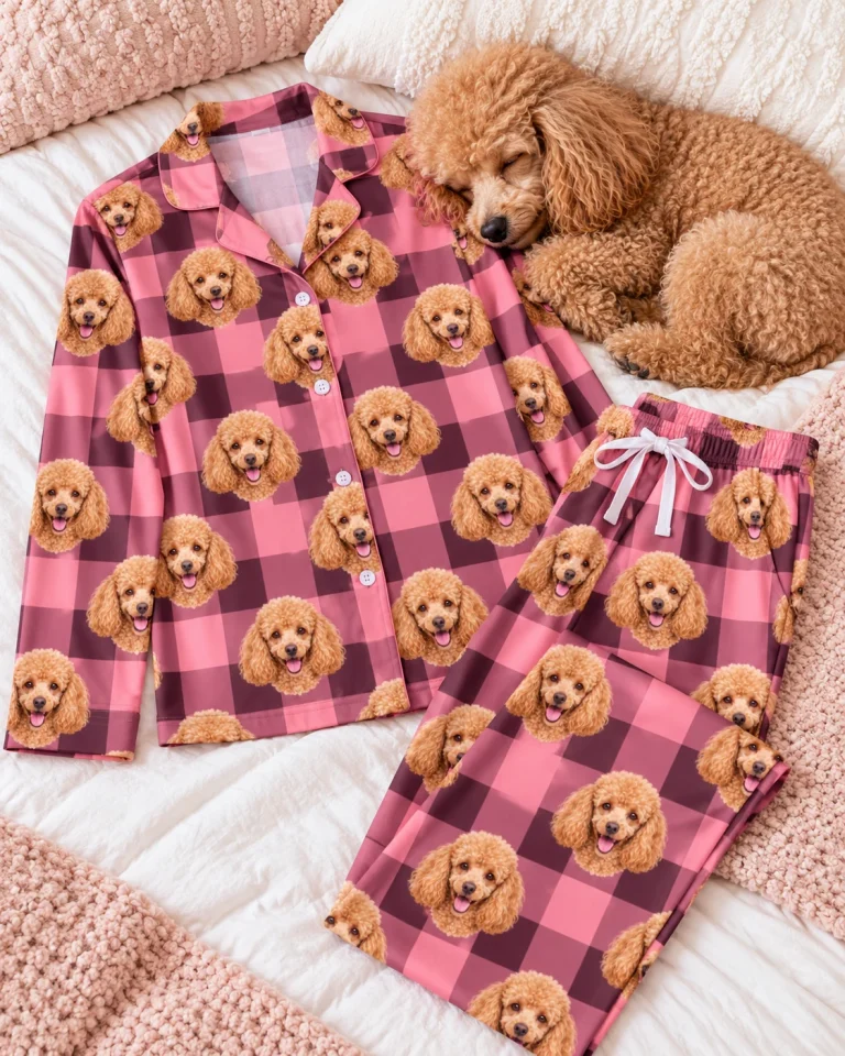 Flat lay of poodle mom pajamas: shirt and pants covered in apricot Poodle faces — MyDogPics